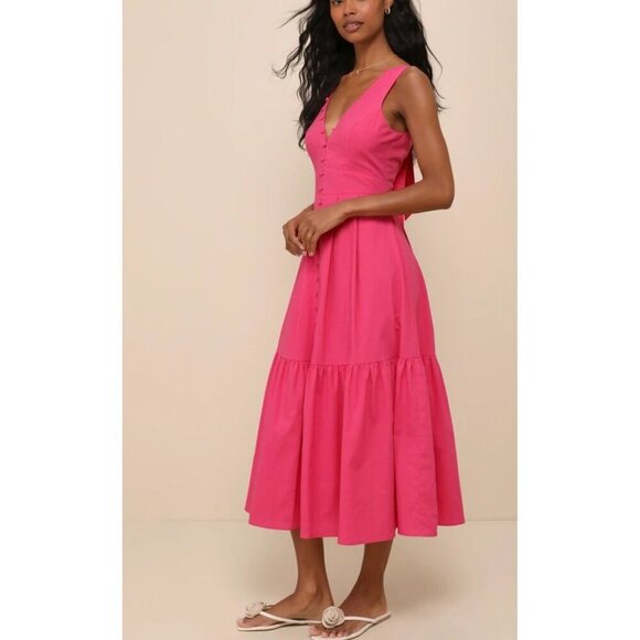 Lulus Blissful Afternoon Hot Pink Linen Tie-Back Midi Dress L Summer Lined - Picture 3 of 13